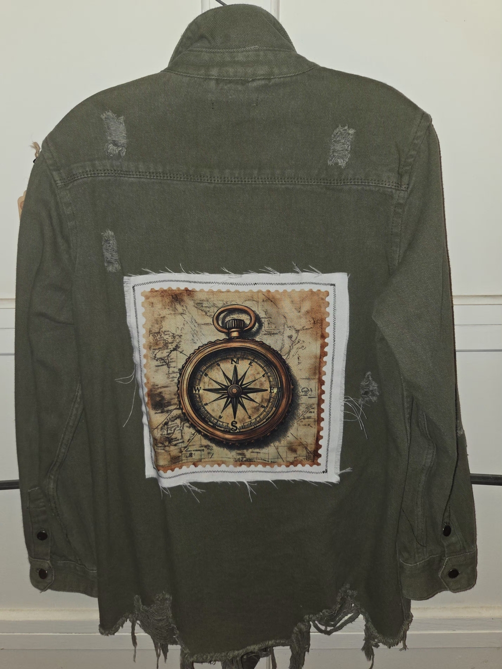 Fashion Nova Olive Green Distressed Denim Jacket with Compass Patch